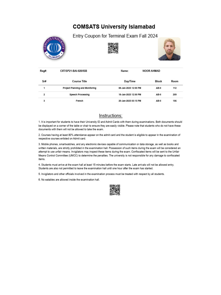 Admit Card Final Sem | PDF