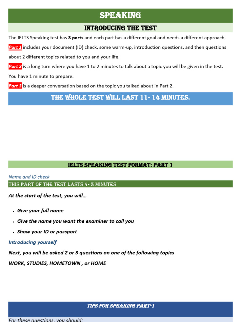 IELTS Speaking Test Overview and Tips | PDF | Fluency | Phrase