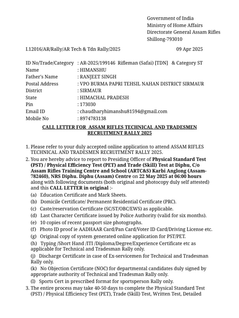 Assam Rifles Recruitment Call Letter | PDF | Government And Personhood ...