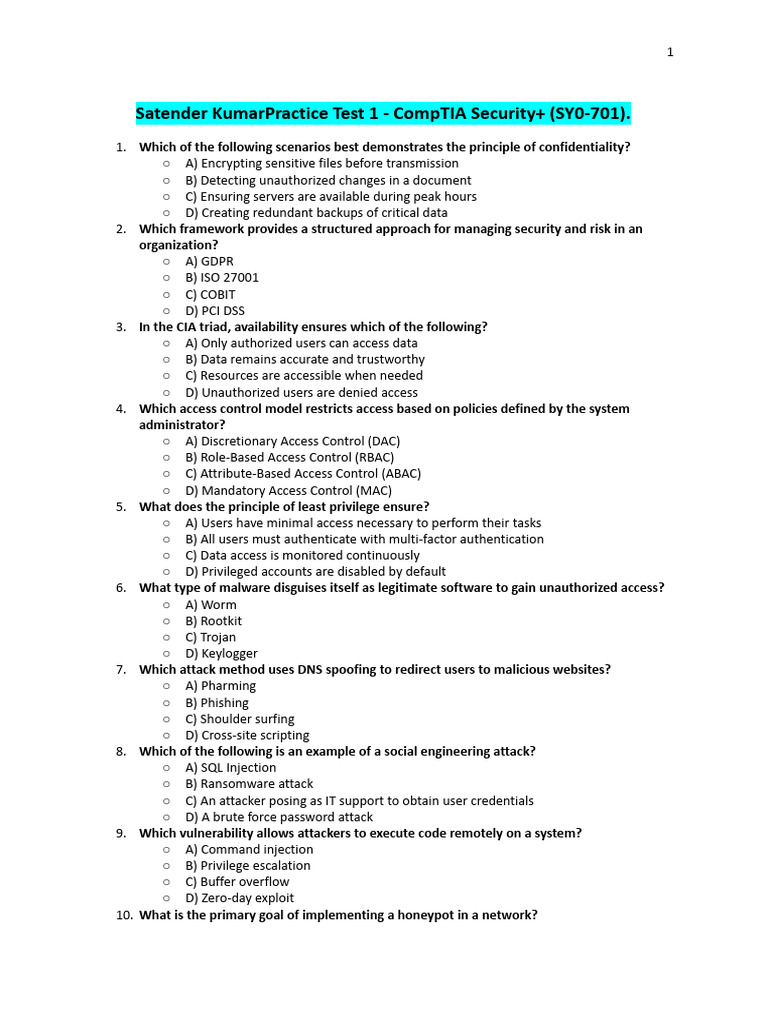 Satender KumarPractice Test 1 - CompTIA Security+ (SY0-701) | PDF | Key ...