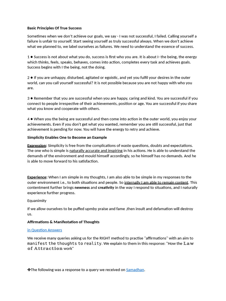 Principles of True Success and Manifestation | PDF | Thought | Experience