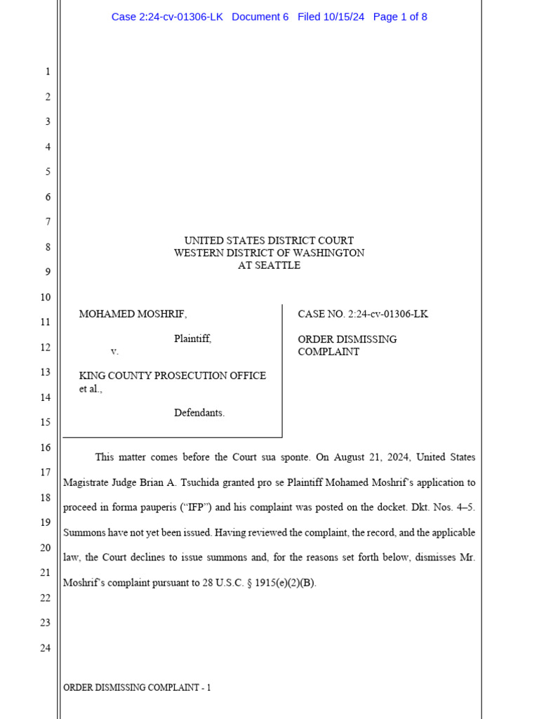 Order Dismissing Complaint in IFP Case | PDF | Complaint | Ashcroft V ...