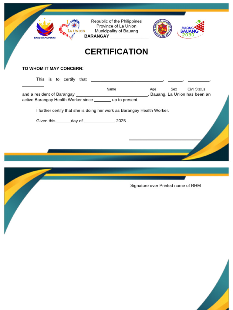 Barangay Health Worker Certification Form | PDF