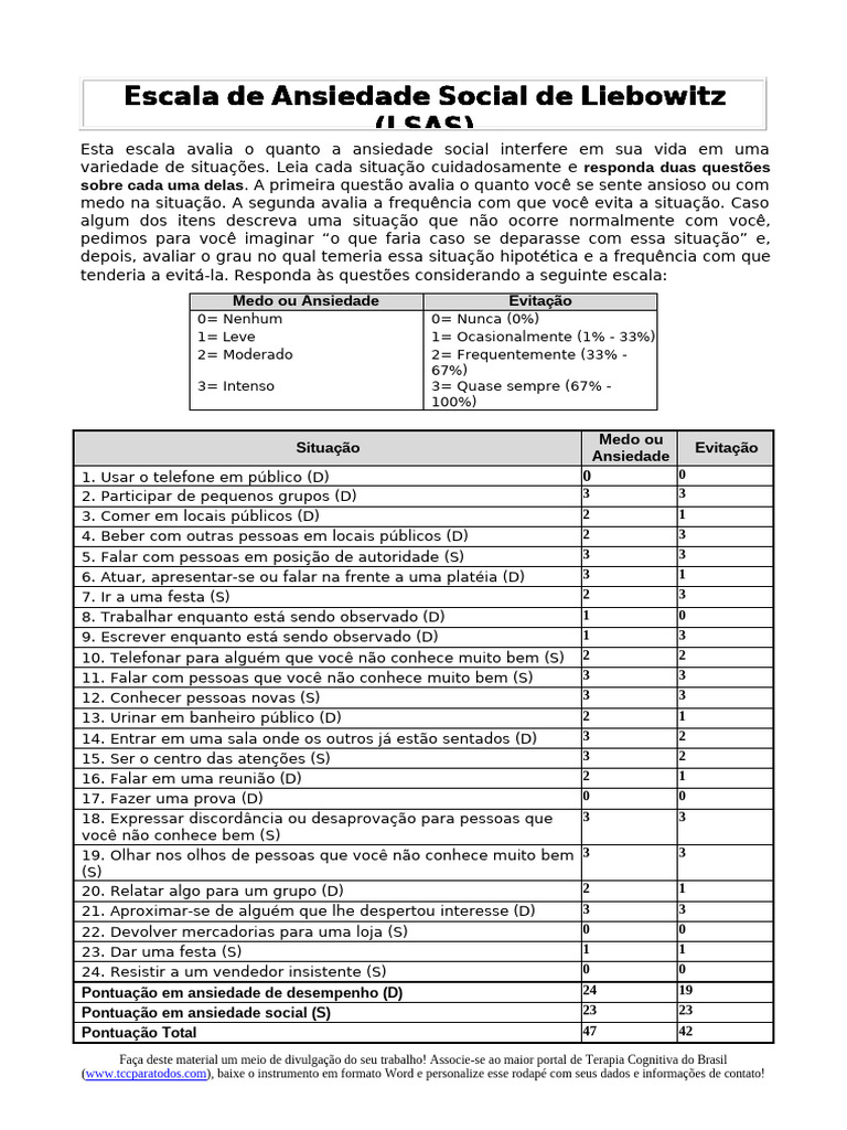 Escala de Ansiedade Social LSAS | PDF | Transtorno de ansiedade social ...
