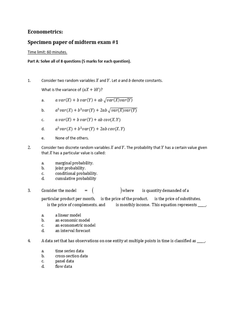 Midterm Exam 1 - Specimen Paper - v4 | PDF | Regression Analysis ...