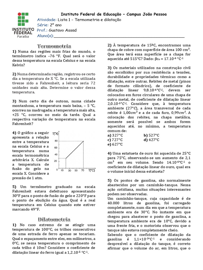 Exercícios de Termometria e Dilatação | PDF | Celsius | Temperatura