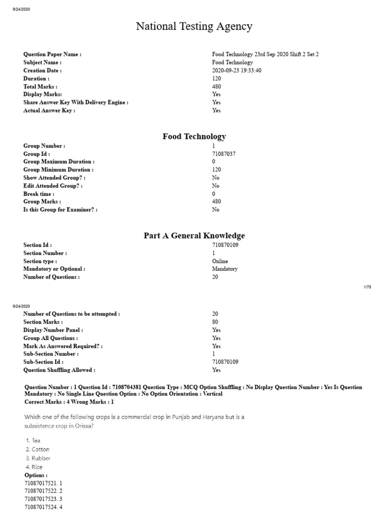 ICAR Food Technology Question Paper | PDF | Multiple Choice | Methodology