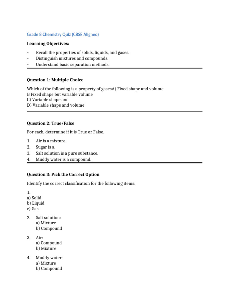 Grade 8 Chemistry Quiz: Mixtures & States | PDF | Mixture | Filtration