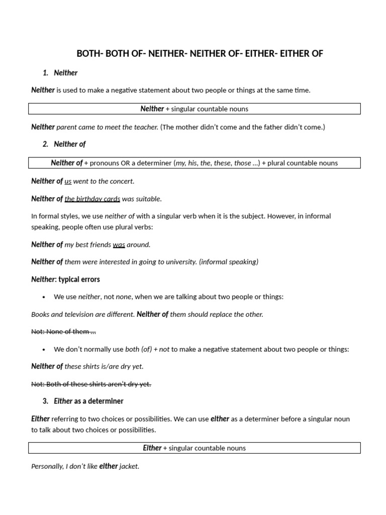 Understanding Neither, Either, and Both | PDF | Grammatical Number | Noun