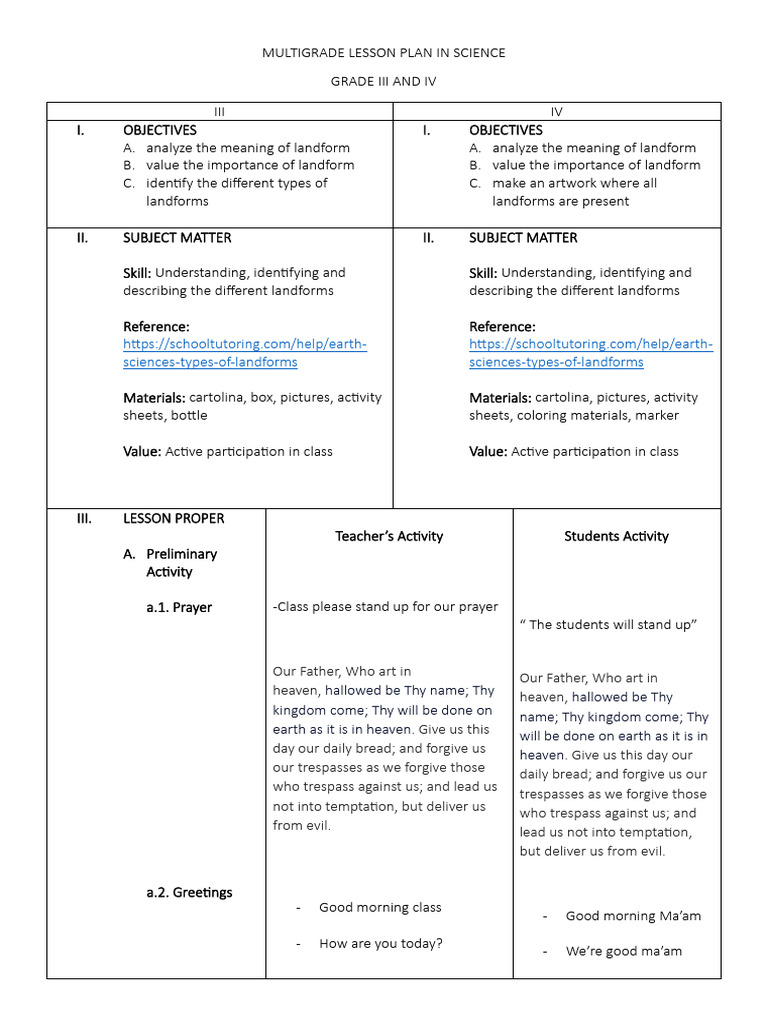 Multigrade Science Lesson on Landforms | PDF | Volcano | Lord's Prayer