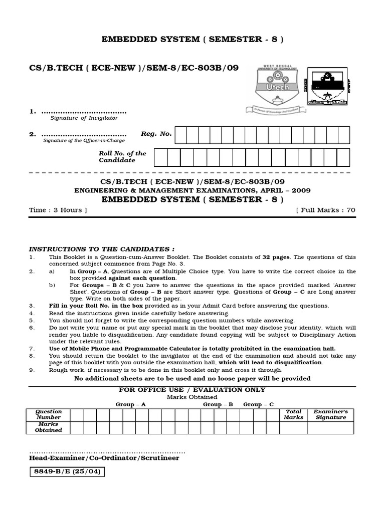 Btech Ece 8 Sem Embedded System 2009 | PDF | Embedded System ...