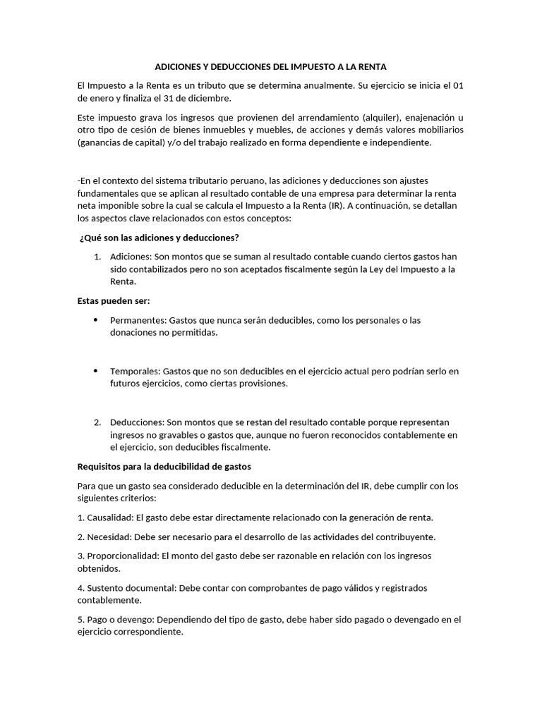 Adiciones y Deducciones del IR Perú | PDF | Impuesto sobre la renta ...