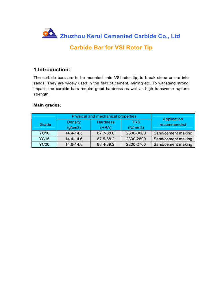 VSI Rotor Tip Carbide Bars Overview | PDF