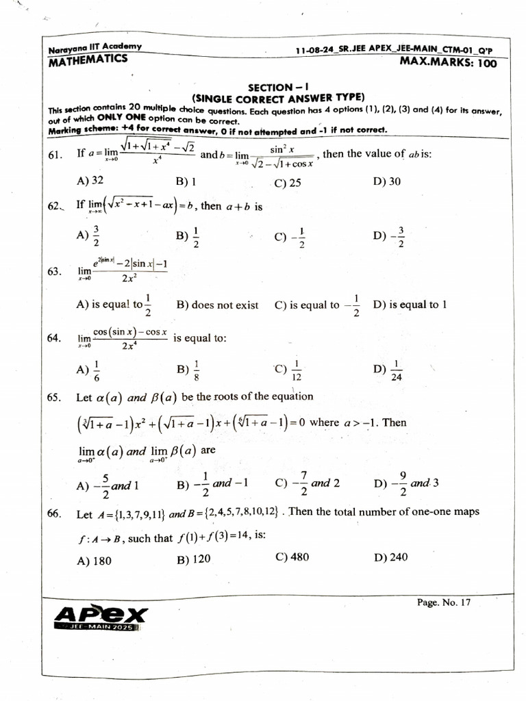 JEE-Main 2025 Mathematics Practice Paper | PDF | Function (Mathematics ...