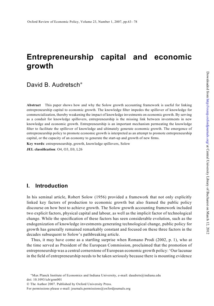 Entrepreneurship Capital and Economic Growth: David B. Audretsch | PDF ...