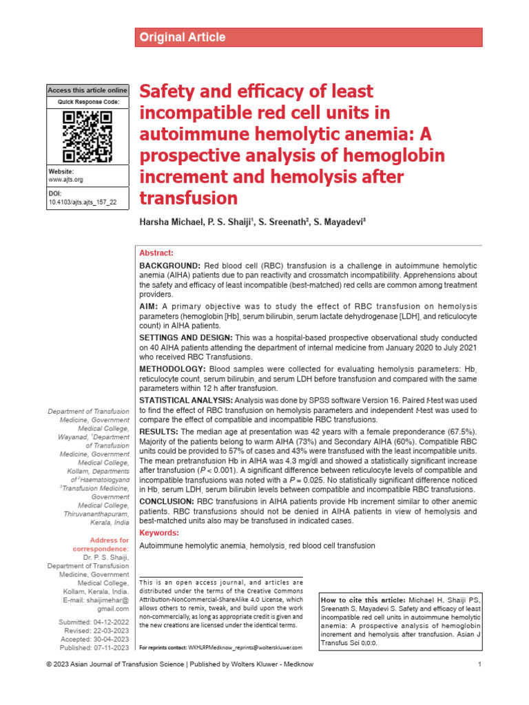 Efficacy of Least Incompatible RBCs in AIHA | PDF | Blood Transfusion ...