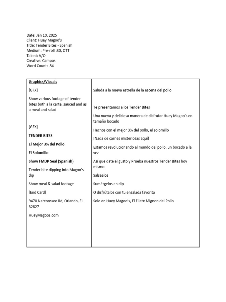 Huey 30 Second Script - Tender Bites Spanish | PDF