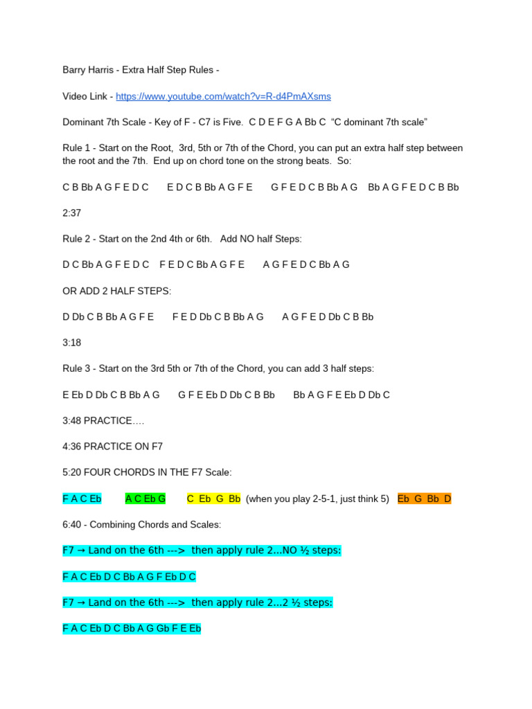 Barry Harris Extra Half Step Rules | PDF | Chord (Music) | Musical Scales