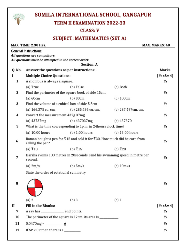 Cl 5-Qp- Term II-mathematics-set a (1) | PDF | Quantity | Metrology