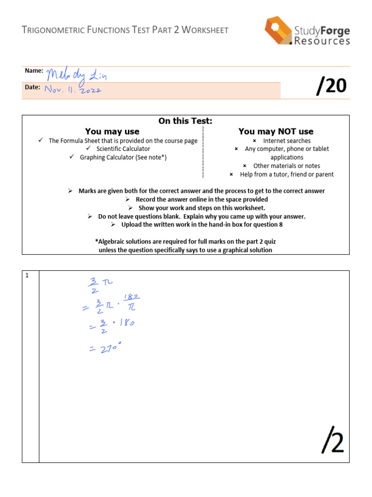Trigonomety Function Test Part 2 | PDF
