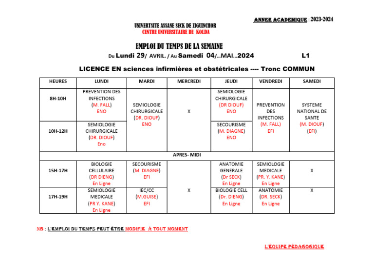 Emploi du temps L1 Sciences Infirmières | PDF