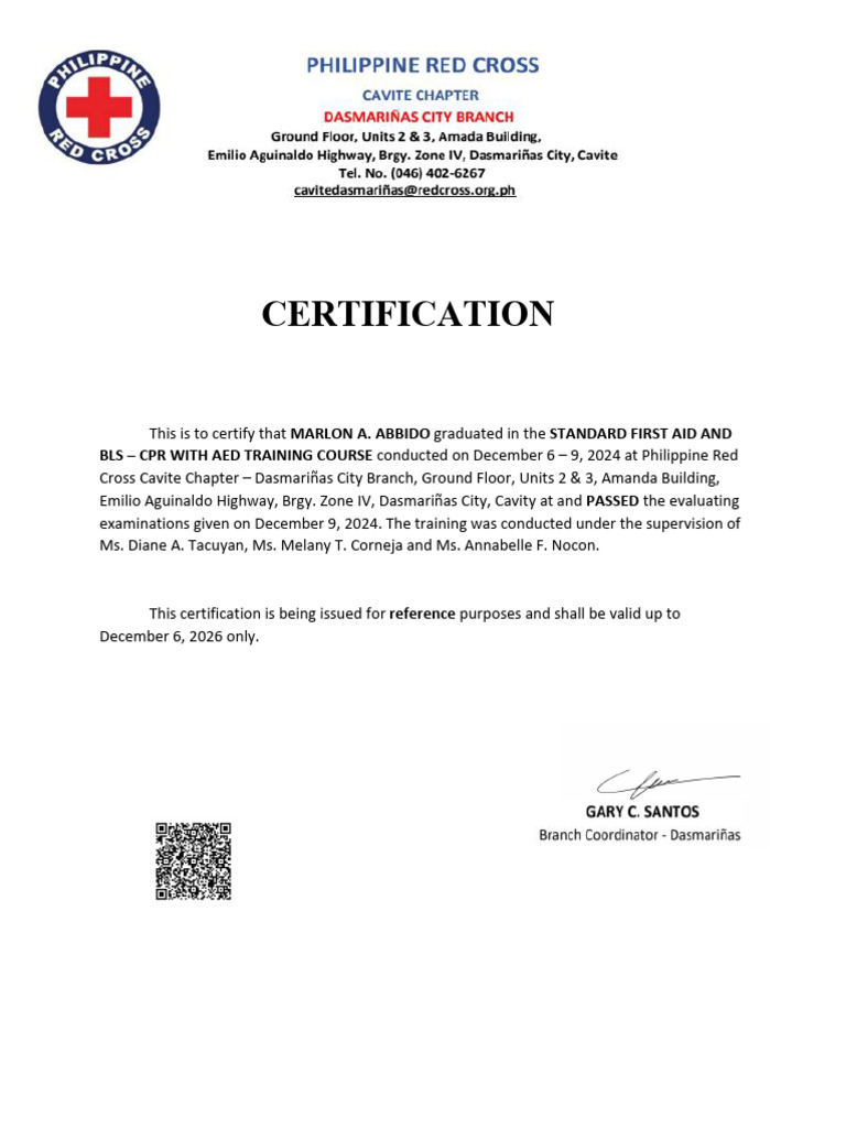 First Aid Training Certification - Cavite | PDF