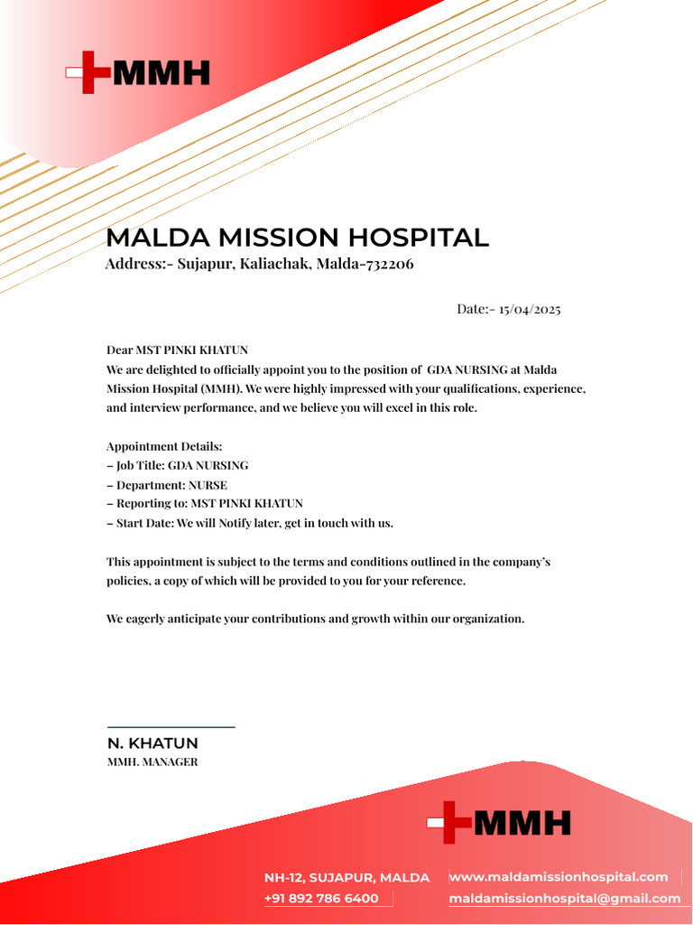 Appointment Letter for GDA Nursing Role | PDF