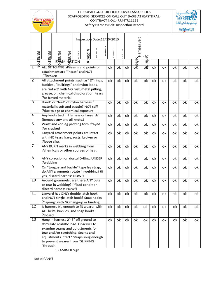 Safety Belt Inspection Checklist | PDF