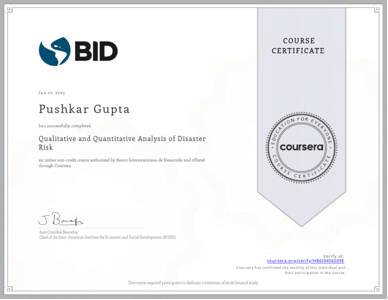 Pushkar Gupta: Disaster Risk Course Completion | PDF
