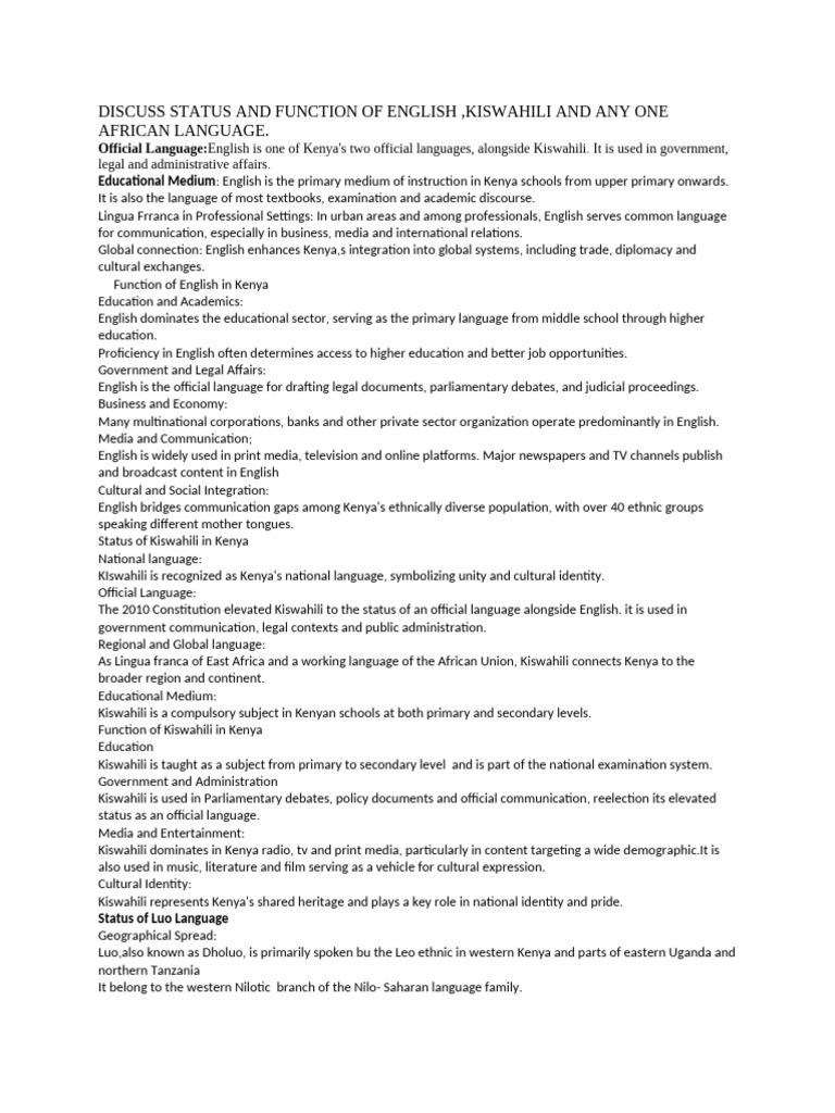 Language Status in Kenya: English, Kiswahili, Luo | PDF | Swahili ...