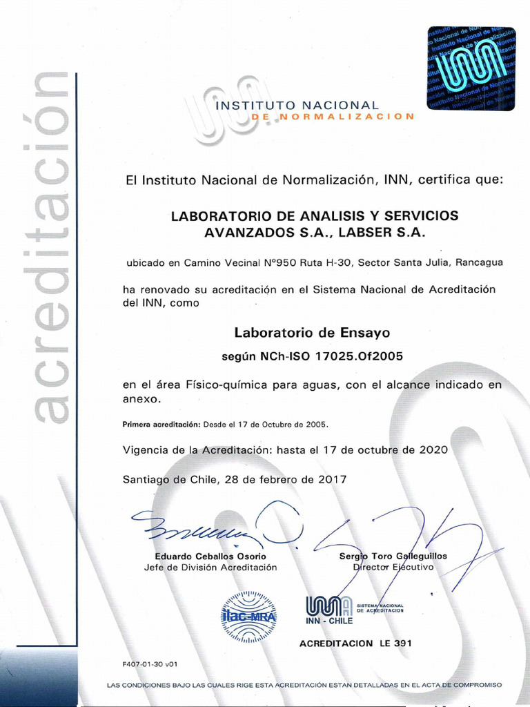 Acreditación de LABSER S.A. en Chile | PDF | Agua potable | Agua