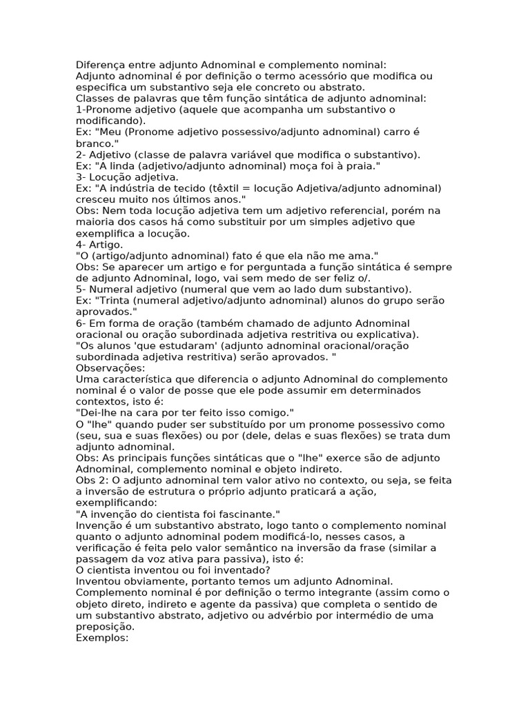 Diferença Entre Adjunto Adnominal e Complemento Nominal | PDF ...