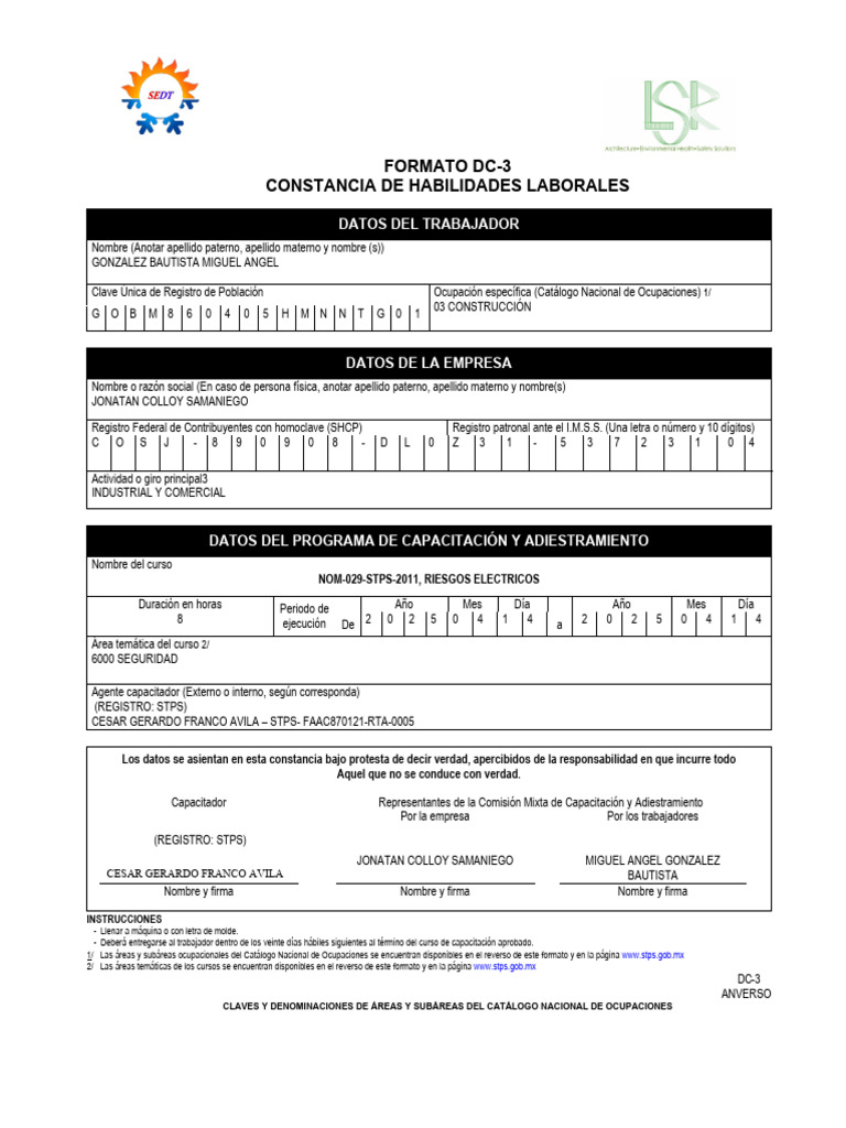 Constancia DC-3: Habilidades Eléctricas | PDF