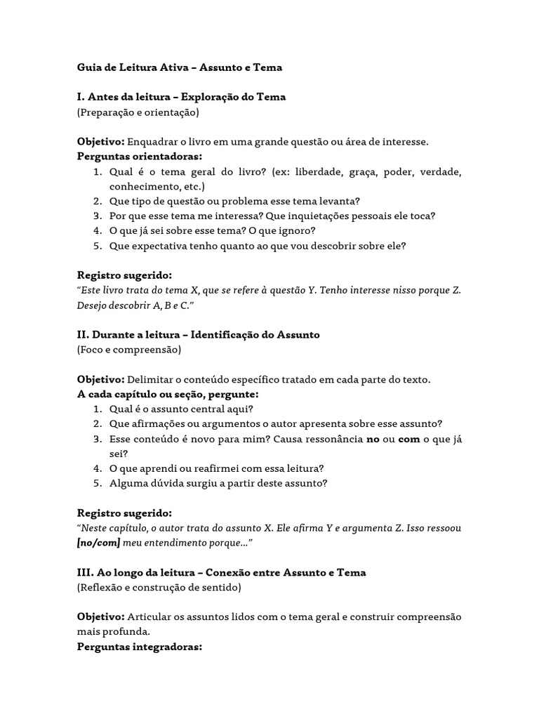 Guia de Leitura Ativa: Tema e Assunto | PDF
