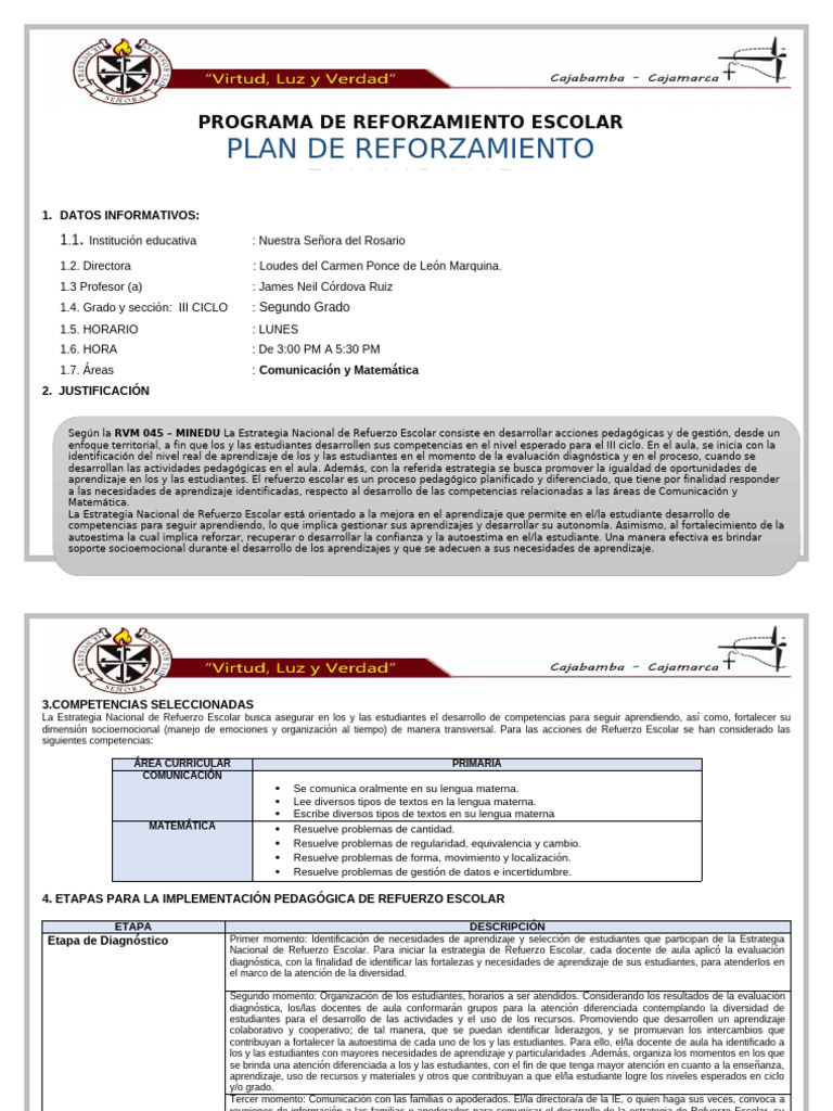 Plan de Refuerzo Escolar 2025 | PDF | Aprendizaje | Evaluación