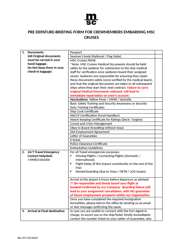 MSC Crew Pre-Departure Briefing Form | PDF | Sailor | Travel Visa