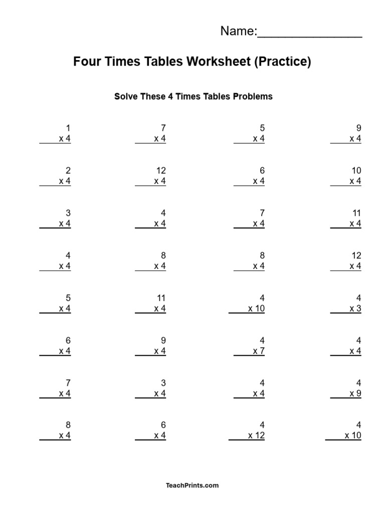 4 Times Tables Practice Worksheet | PDF