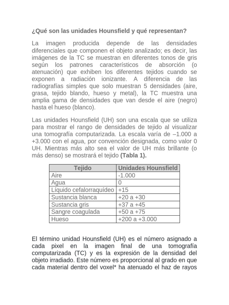Unidades Hounsfield en Tomografía Computarizada | PDF | Ct Scan | Densidad