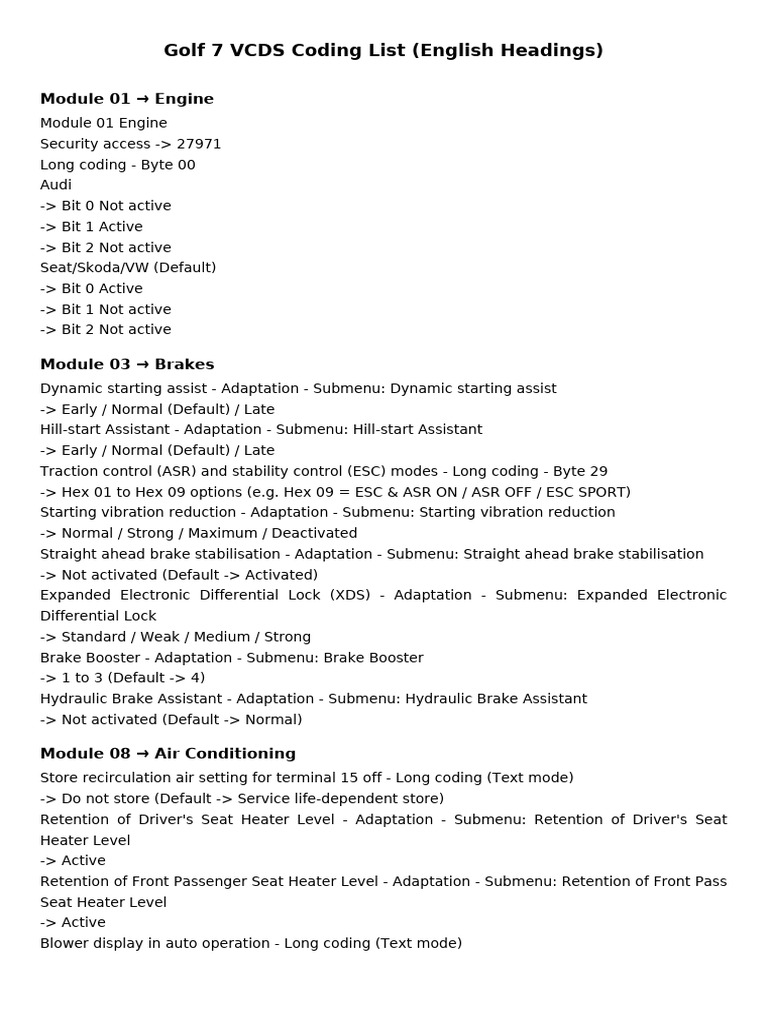 Golf 7 VCDS Coding Guide | PDF | Automotive Industry | Land Vehicles