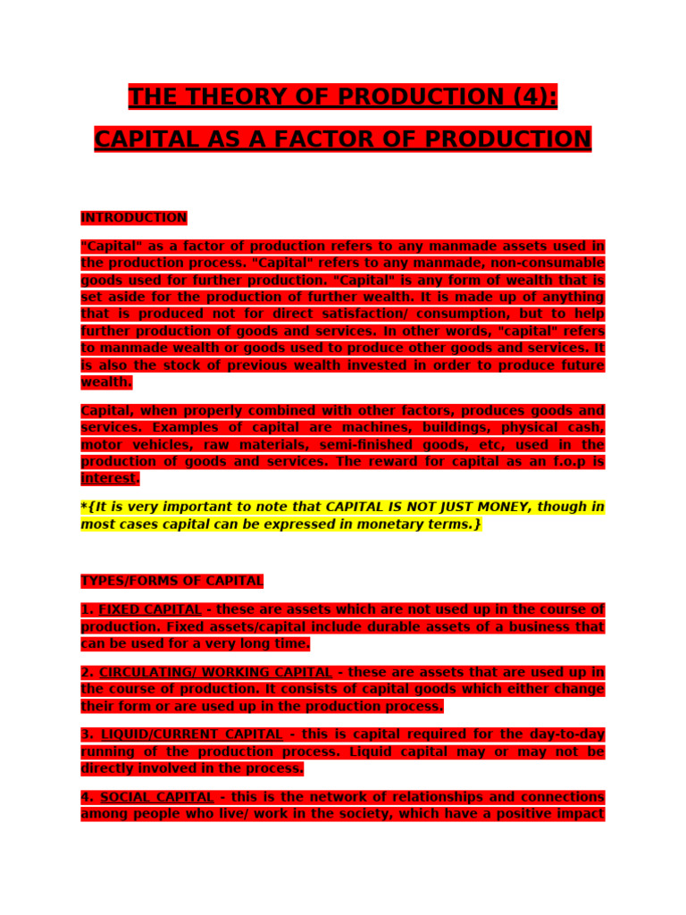 Economics, SSS1 - The Theory of Production (4) - Capital As An F.O.P ...