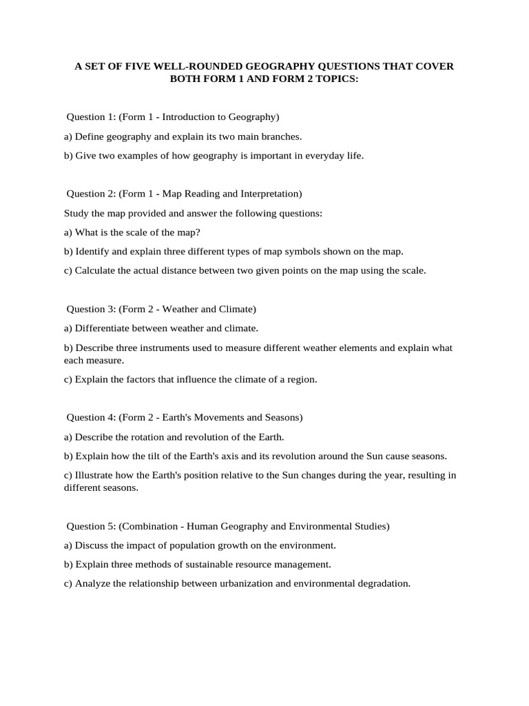 Geography Questions for Form 1 & 2 Students | PDF | Earth | Geography
