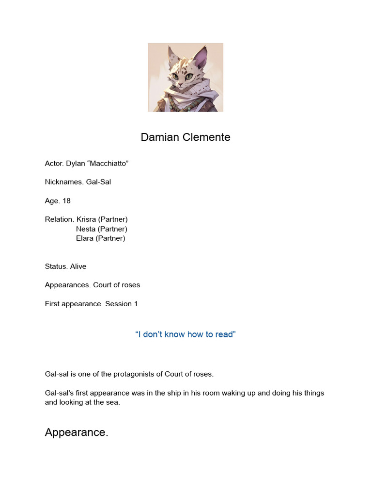 Damian Clemente: Character Overview | PDF