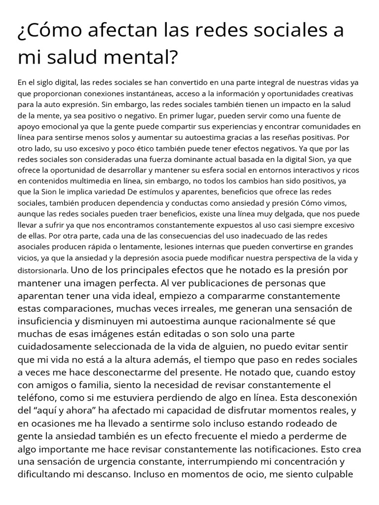 Impacto de redes sociales en adolescentes | PDF | Autoestima | Las ...
