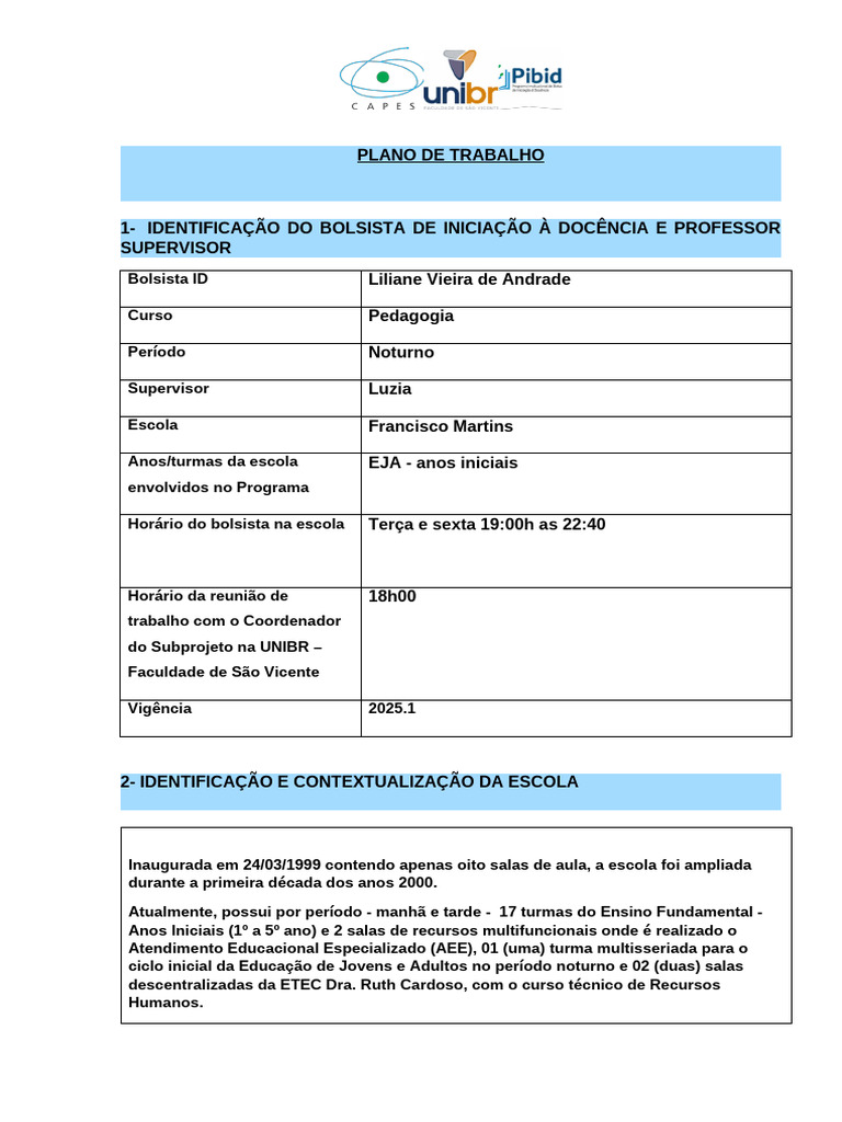 Plano Semestral de Trabalho | PDF | Aprendizado | Pedagogia