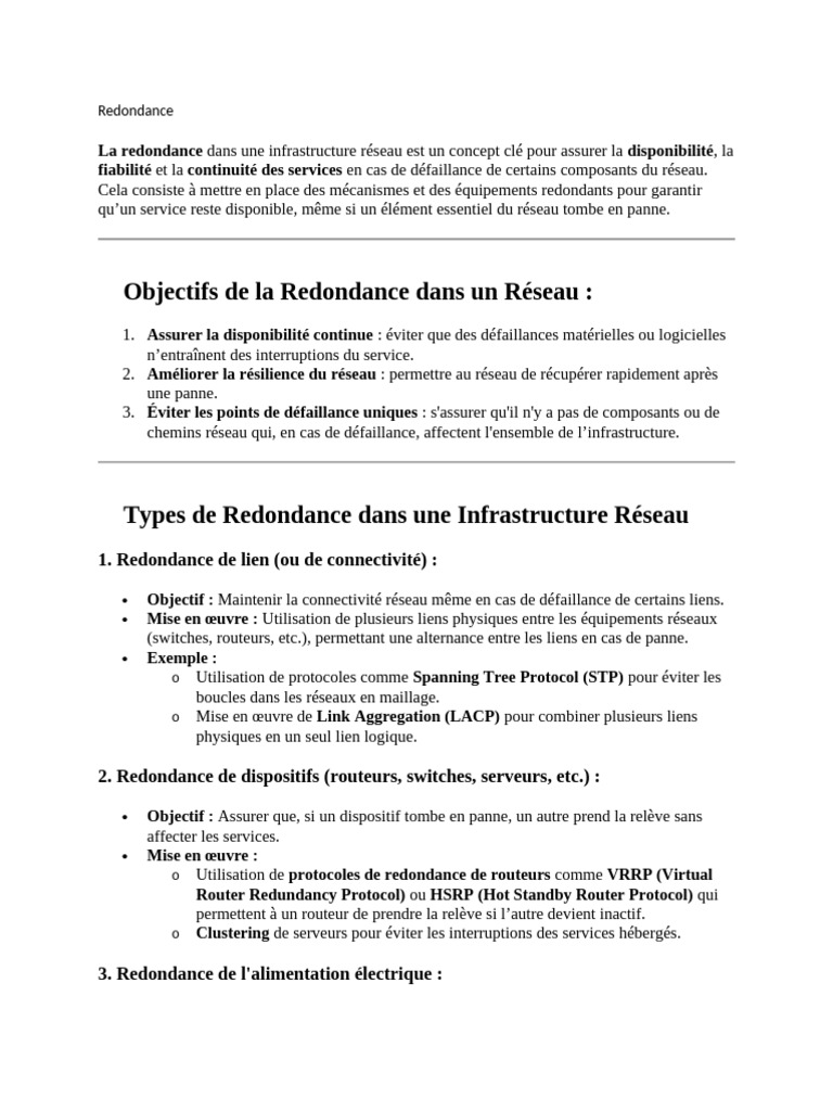 Redondance dans les infrastructures réseau | PDF | Mise en réseau ...
