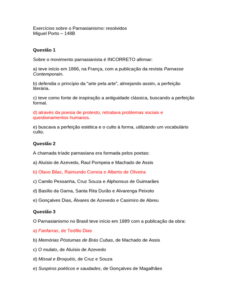 Exercícios Resolvidos sobre Parnasianismo | PDF