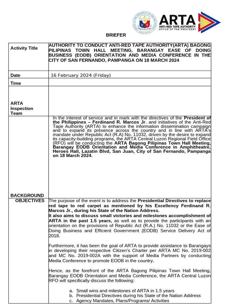 ARTA EODB Orientation in San Fernando | PDF | Philippines | Government