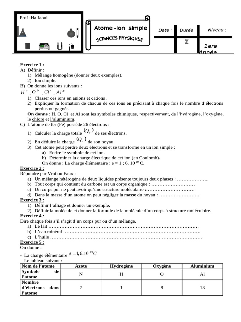 Atomes et Ions : Exercices 1ère Année | PDF | Ion | Atomes