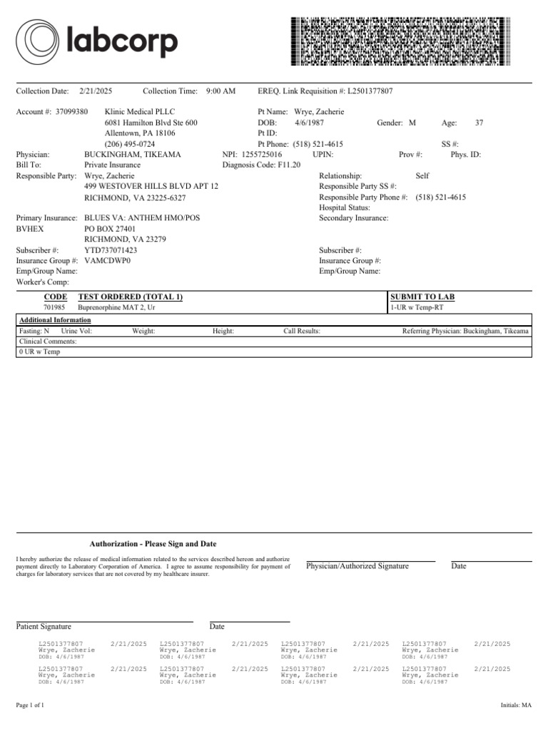 Patient Lab Requisition for Zacherie Wrye | PDF | Service Industries ...