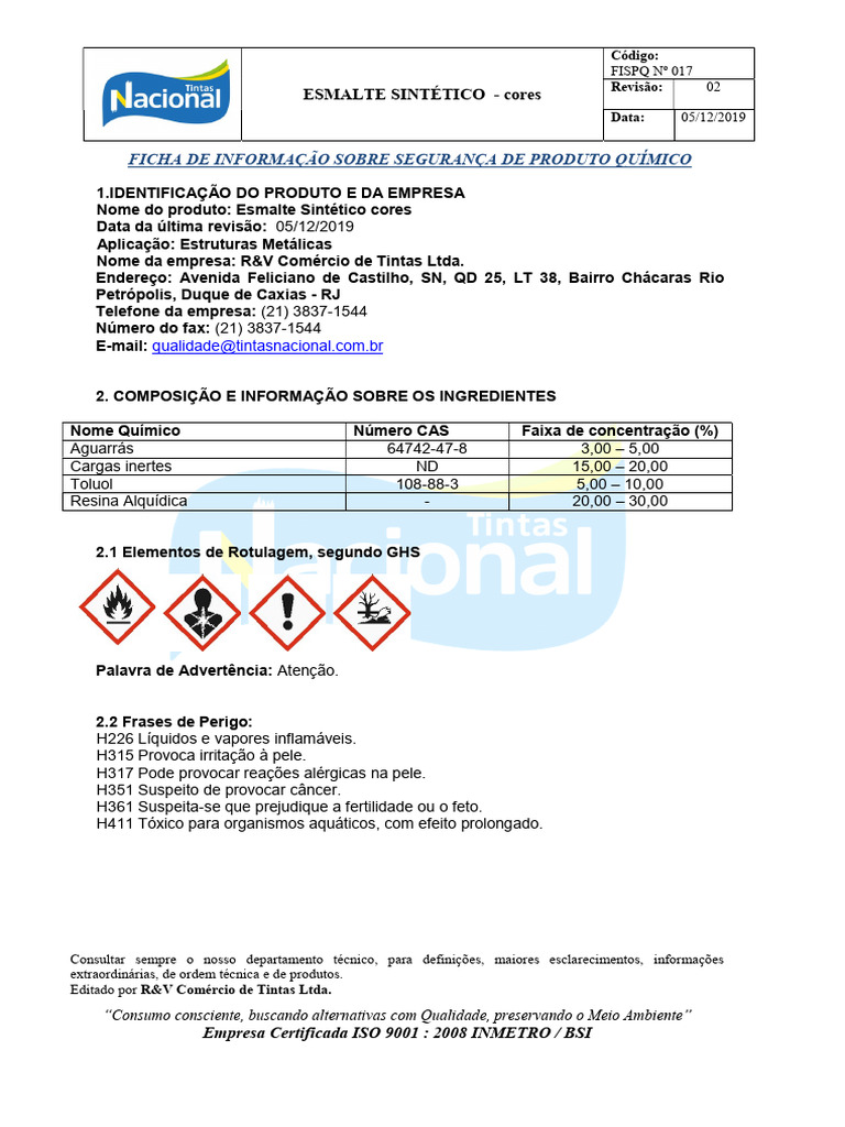 Ficha de Segurança do Esmalte Sintético | PDF | Desperdício | Química